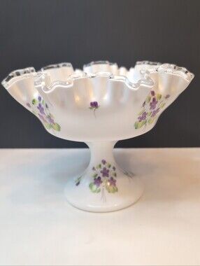 Fenton Silver Crest "Violets In The Snow" Hand-Painyed Milk Glass Compote